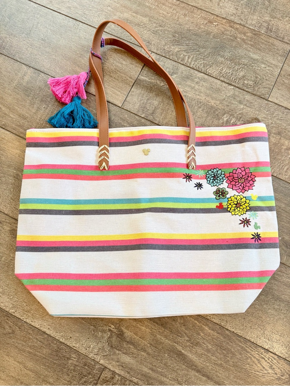 Disney Parks- Striped Floral Canvas Tote Bag with Leather Handles - Multi